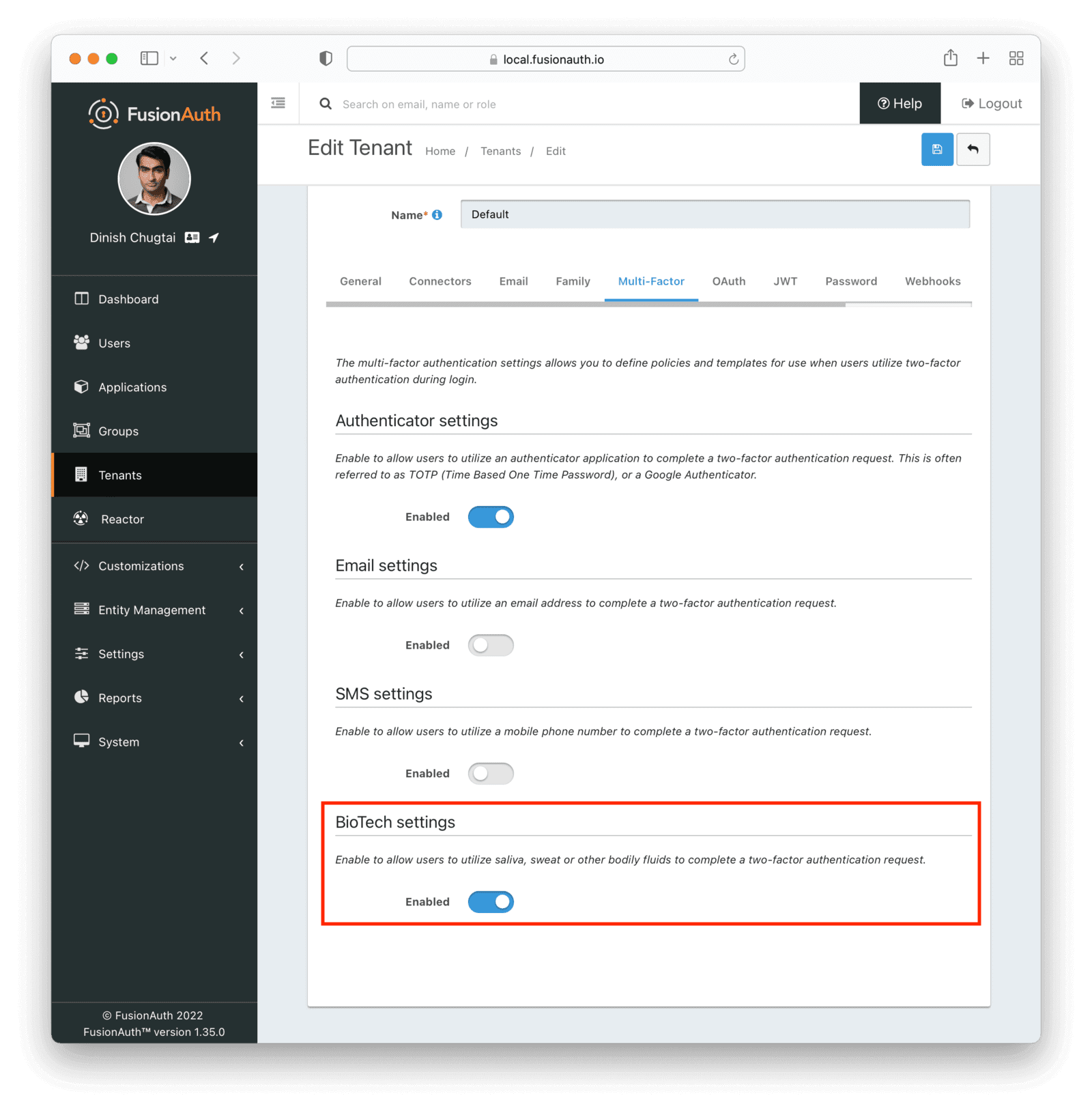 The FusionAuth tenant settings screen.