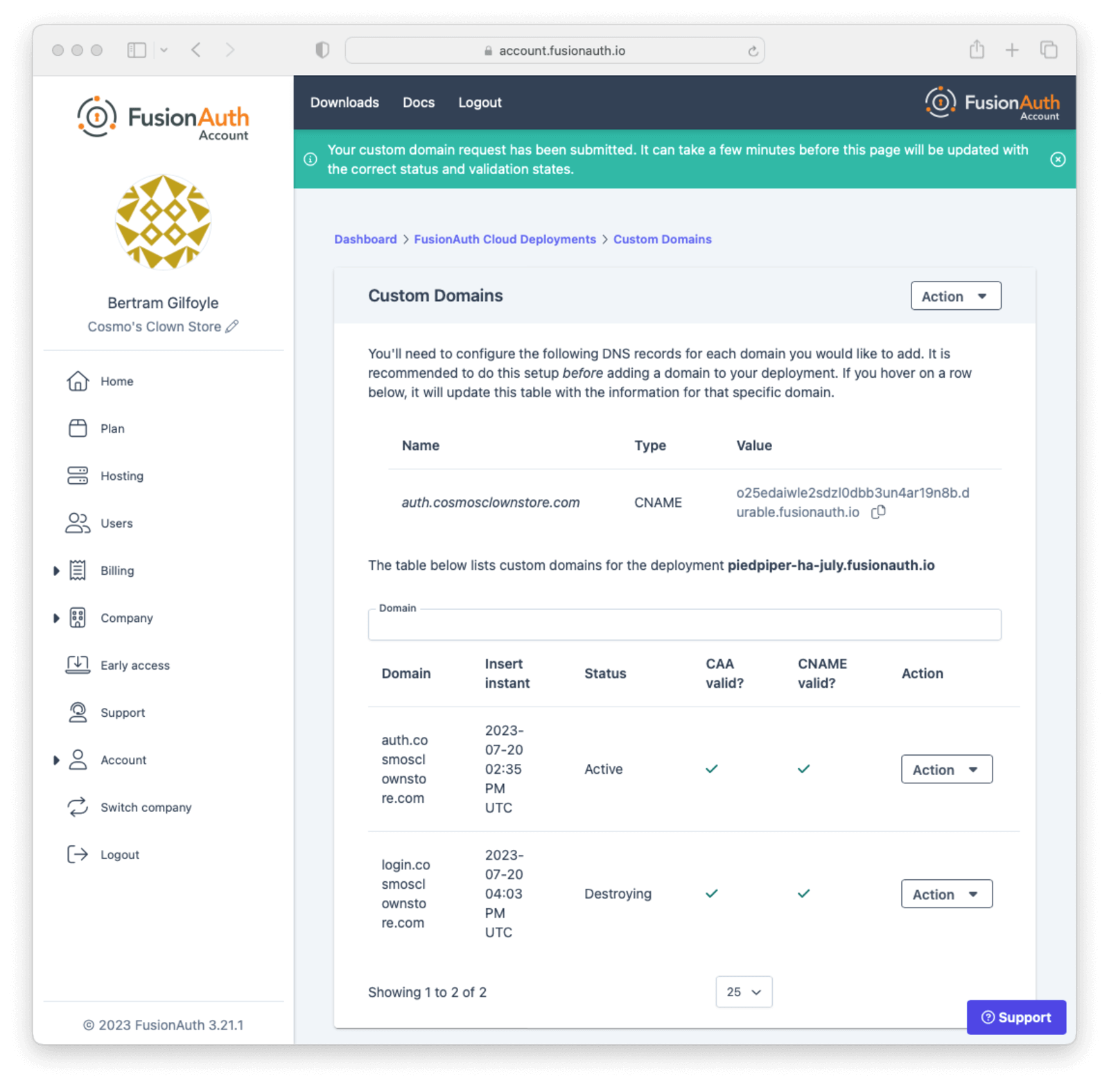 Custom domains listing with a domain in the Destroying status.