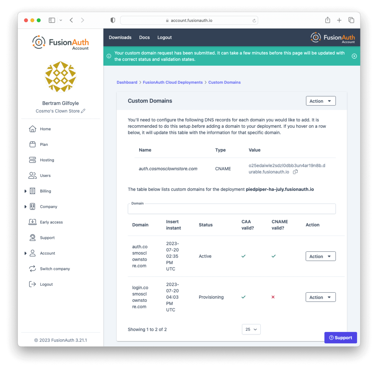 Provisioning a new custom domain.