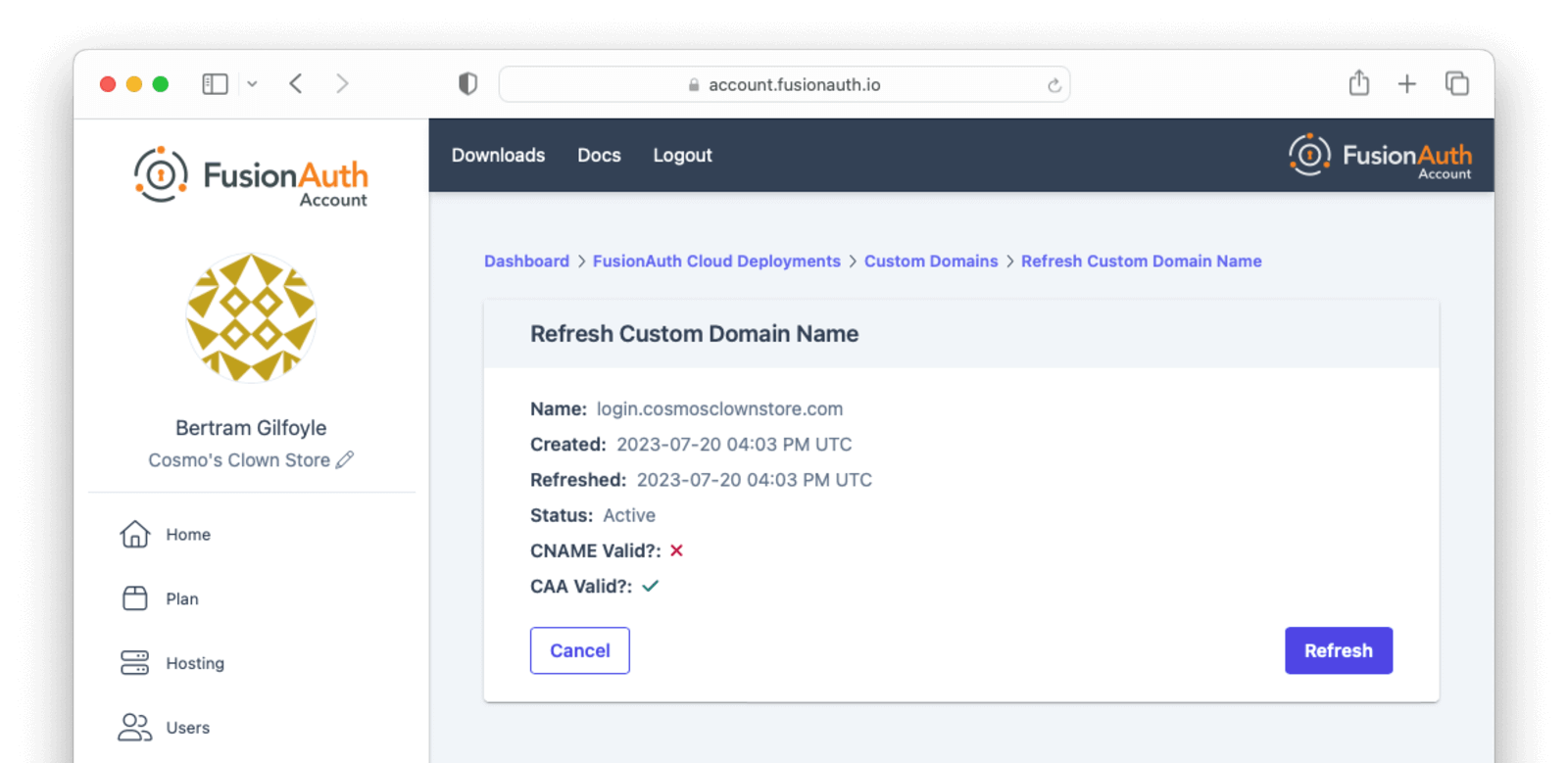 The refresh status page for a new custom domain with CNAME validation error.