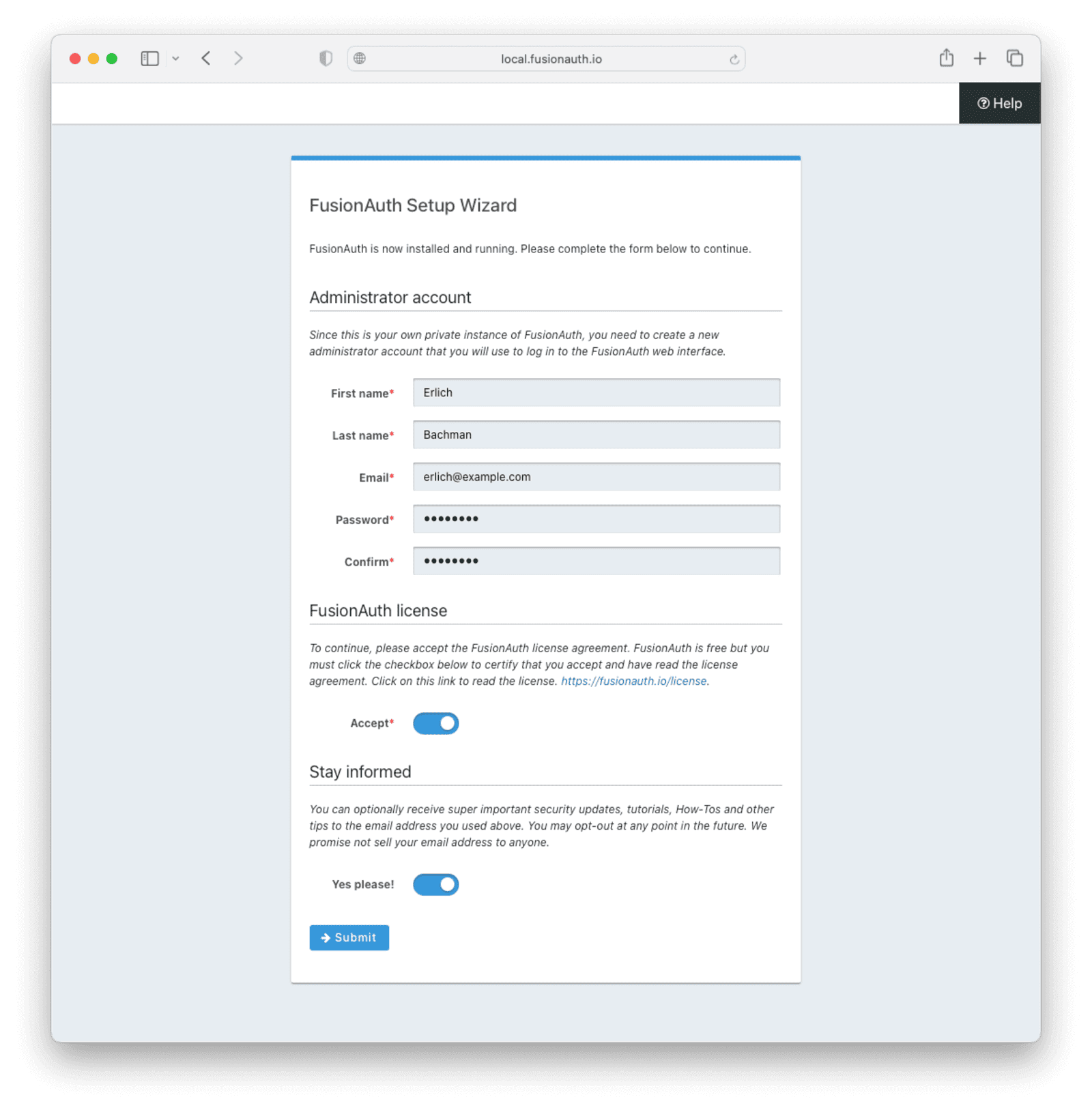 Setting up the initial user and password on FusionAuth