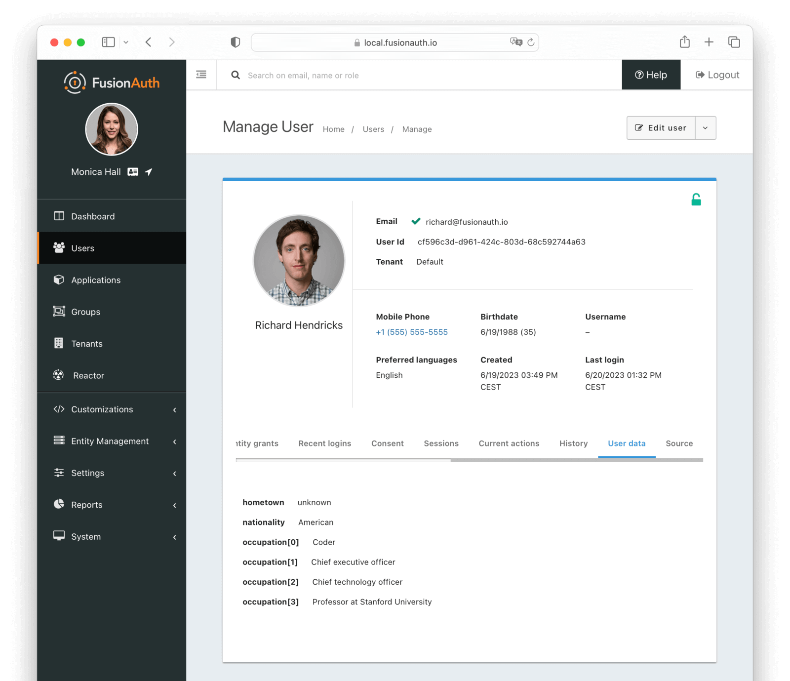 User data screen in the administrative user interface.