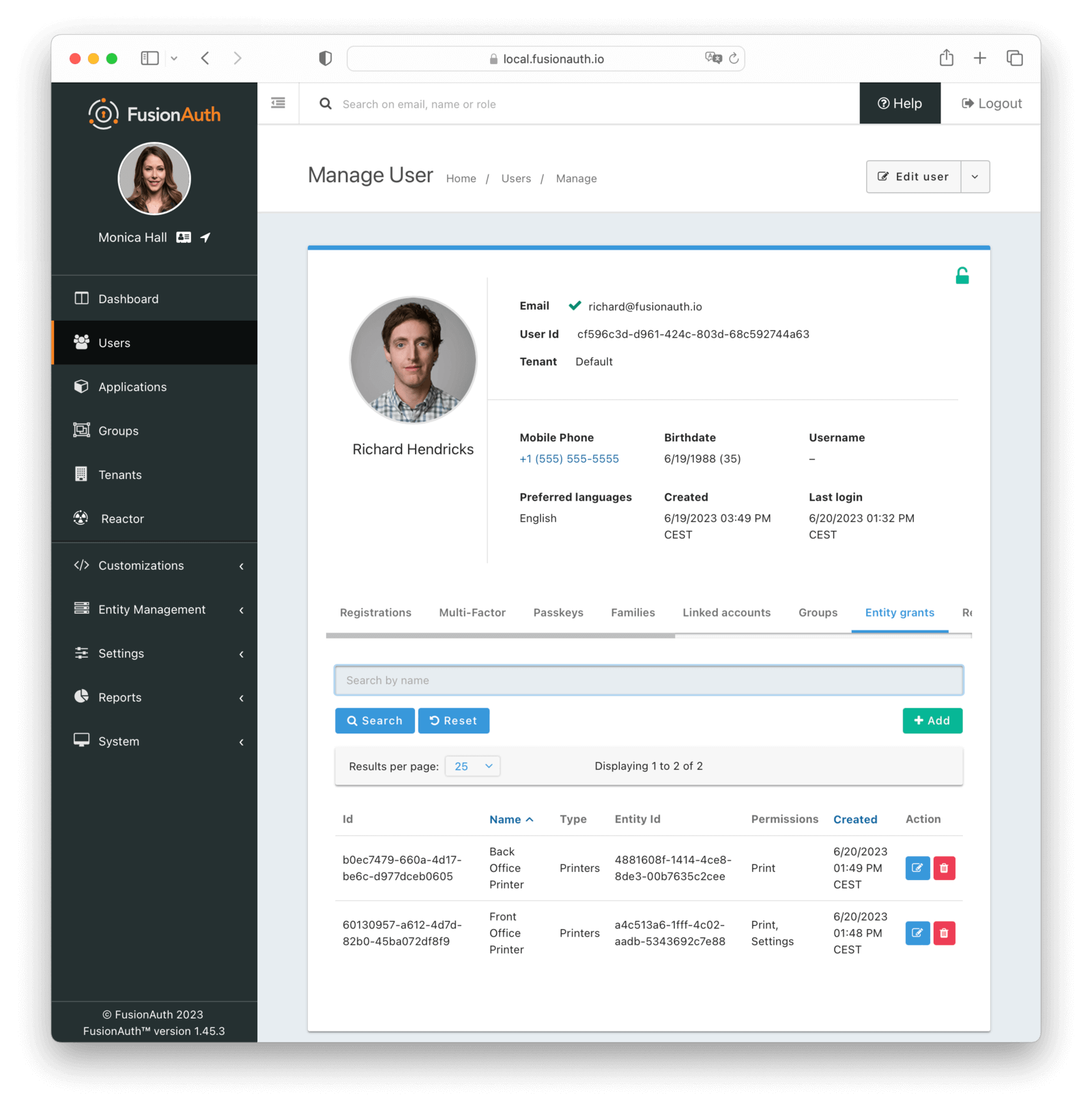 User entity grants screen in the administrative user interface.