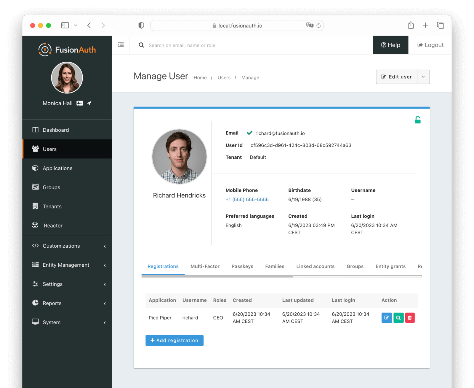 User registrations in the administrative user interface.