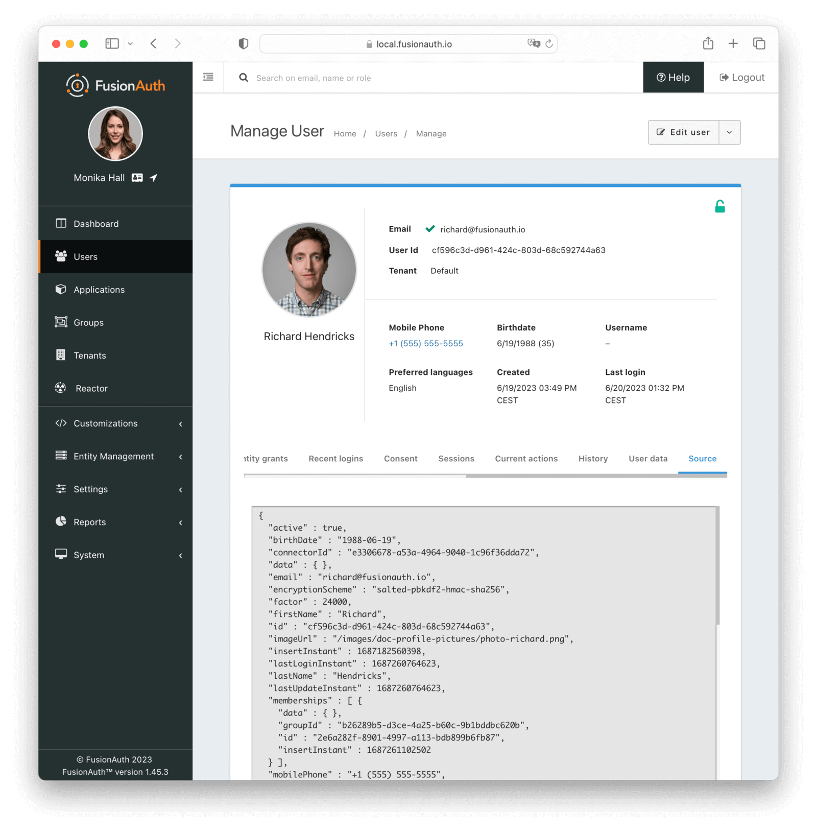 User source screen in the administrative user interface.