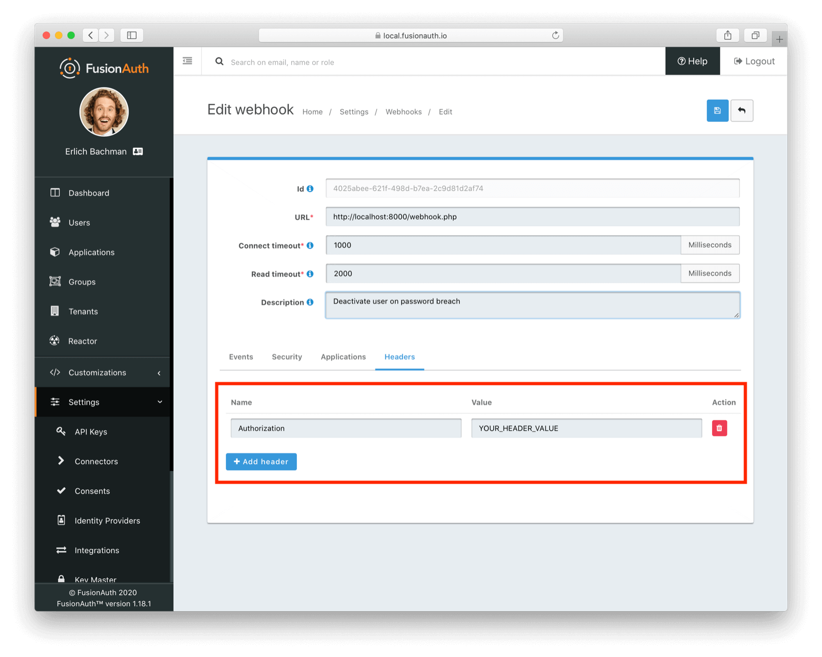 Configuring the webhook to receive an Authorization header.