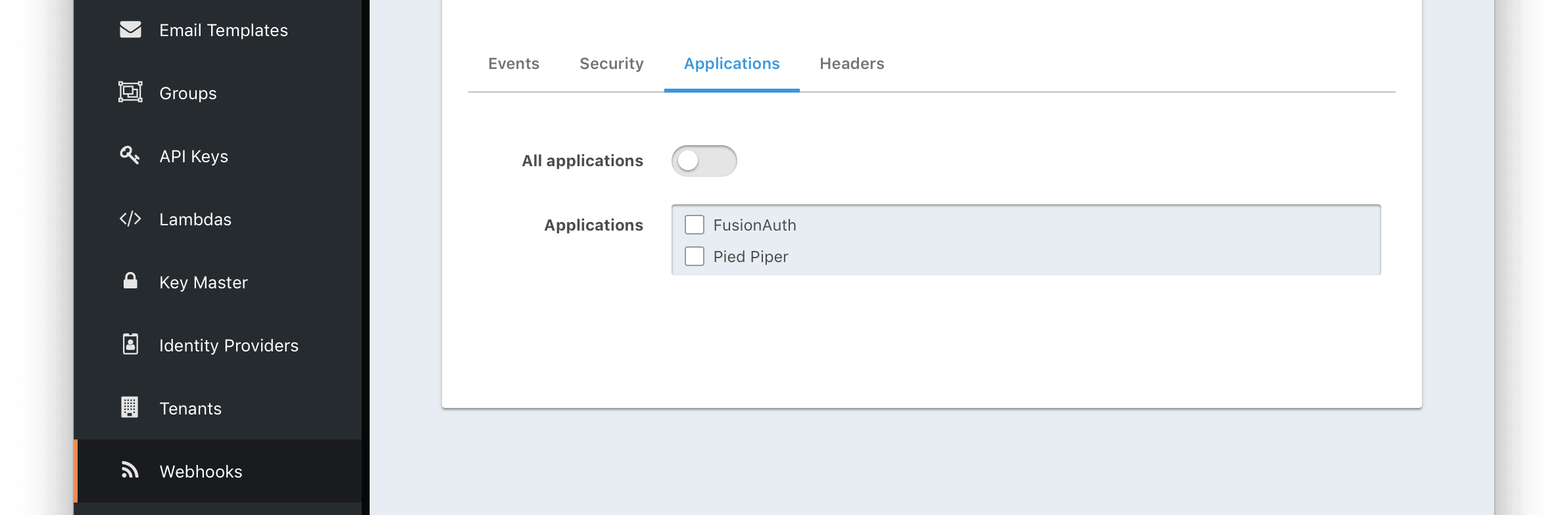 Webhook Settings - Select Applications