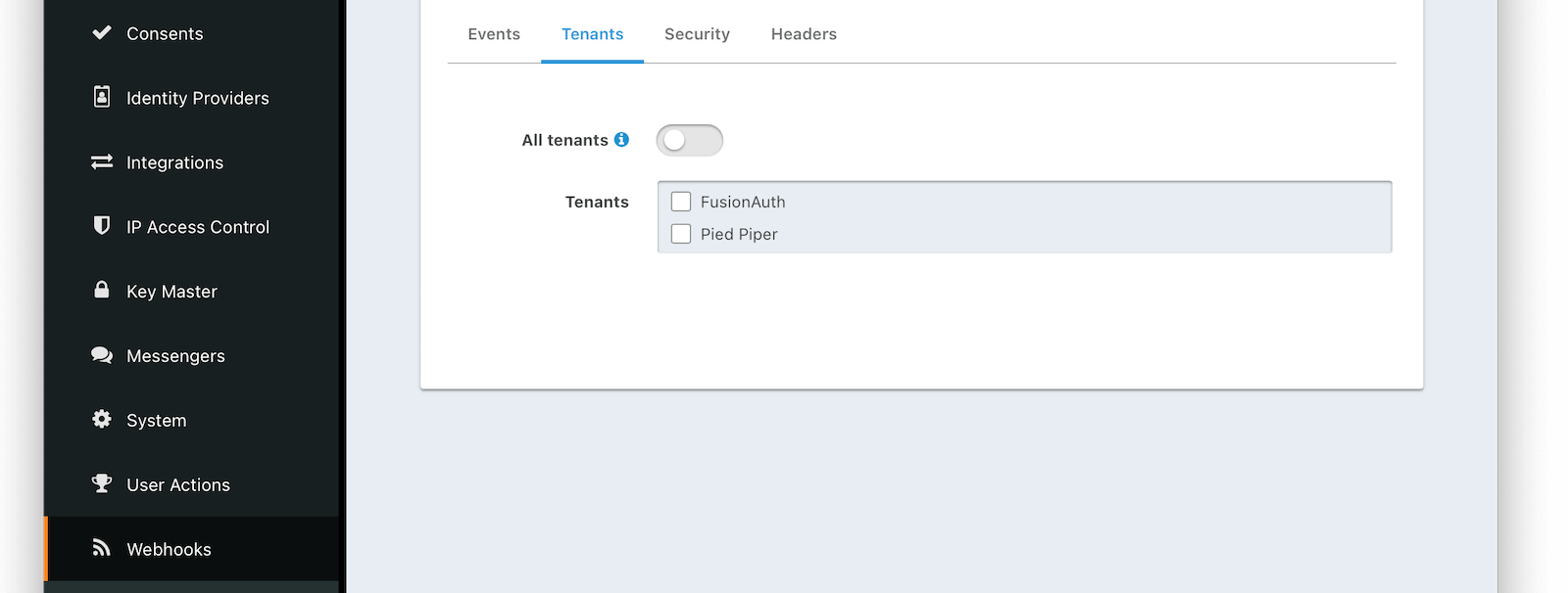 Webhook Settings - Select Applications