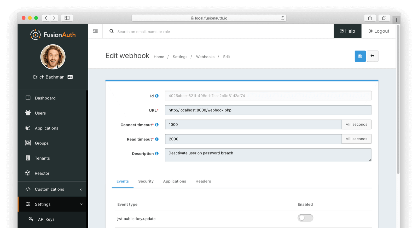 The webhook configuration screen.